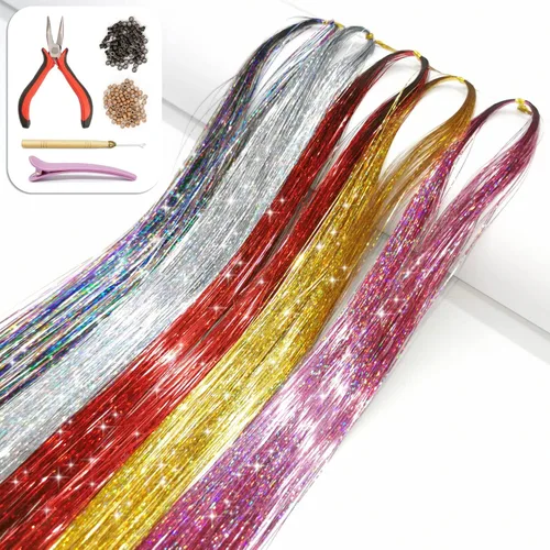 Vista 12 de Kit de extensión de cabello con herramientas e instrucciones, fácil de usar, 1000 mechones, 47 pulgadas, extensiones de cabello con purpurina Fairy