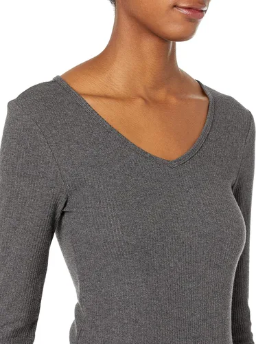 Vista 4 de Tienda Essentials Cuello en V de punto acanalado de manga larga ajustada para mujer, paquete de 2
