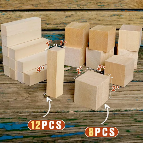 Vista 2 de Bloques de tallado de madera de tilo, kit de 20 piezas de bloques de madera para tallar con 2 tamaños diferentes, madera de tilo para tallar fácil