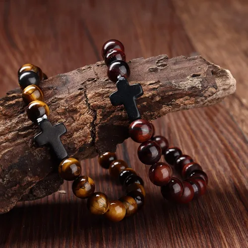 Vista 3 de sailimue 8 pulseras de cuentas cruzadas para mujeres y hombres, 0.315in, ojo de tigre, piedra de lava, piedra de roca de lava, elástica, juego