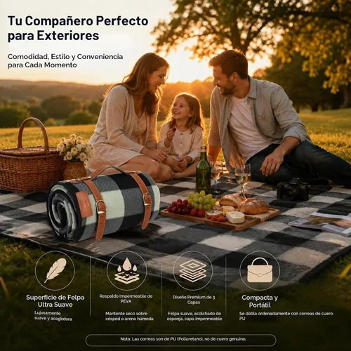 Vista 6 de PortableAnd - Manta de picnic ultra suave y ligera, impermeable, de 3 capas, para exteriores, manta plegable compacta para parques, playas, camping