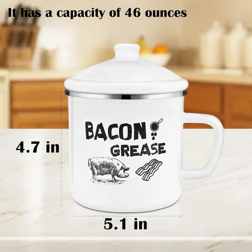 Vista 3 de Recipiente de grasa de tocino de 1.5 L con colador, recipiente grande de 46 onzas de esmalte rústico con tapa y cuchara, protector de grasa