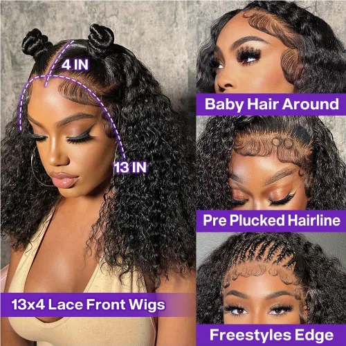 Vista 2 de Pelucas Rizadas de Cabello Humano 13x4 HD Pelucas de Encaje Frontal de Ondas Profundas Cabello Humano Pre Desplumadas 12 Pulgadas Peluca Bob Cabello