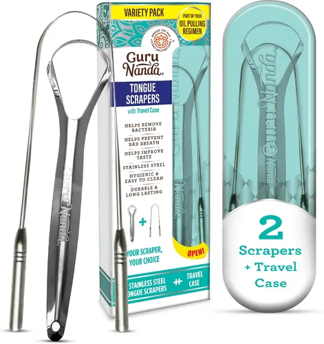 Vista 13 de GuruNanda Raspador de lengua para niños (paquete de 2) con estuche de viaje, acero inoxidable, ayuda al aliento fresco, limpiador de lengua apto