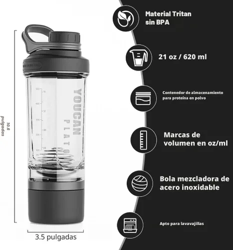 Vista 3 de Botella agitadora de proteínas de 21 onzas con contenedor de almacenamiento de polvo, tazas agitadoras para batidos de proteínas, botella para antes
