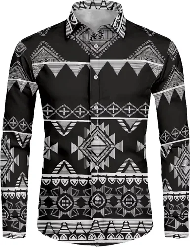Vista 2 de Camisas aztecas con botones para hombre, vintage, nativo americano, patrón tribal nación, manga larga, camisa de talla grande para hombre