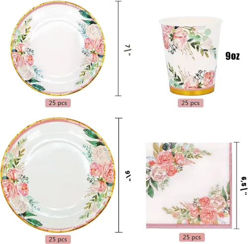 Vista 3 de Boosolo Suministros florales para fiestas, juegos de platos de papel y servilletas para 24 invitados, incluye platos de papel desechables florales