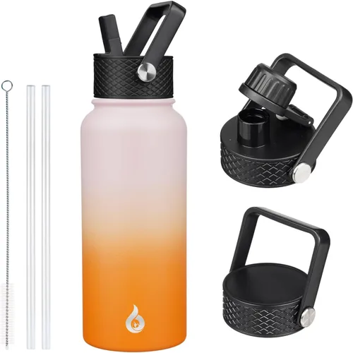 Vista 64 de BJPKPK Botellas de Agua Aisladas con Tapa de Pajita, Botella de Agua de Acero Inoxidable de 18oz, Termo Frío Caliente con 3 Tapas, Vaso de Viaje a
