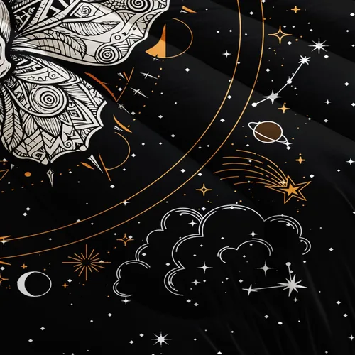 Vista 63 de HOSIMA Juego de edredón de decoración gótica, patrón de calaveras de polilla de la muerte, juego de cama de Halloween tamaño Queen para decoración