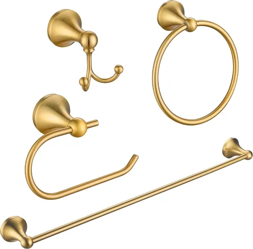 Vista 11 de Juego de Herrajes de Baño Dorado Cepillado y Negro, Kit de Accesorios de Baño Negro y Dorado de 4 Piezas de Acero Inoxidable Barra de Toalla de 23.6