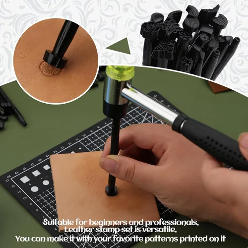 Vista 3 de Herramientas de estampado de cuero, kit de herramientas de tallado de cuero con bolígrafo de cuero, martillo de trabajo de cuero y papel de calco