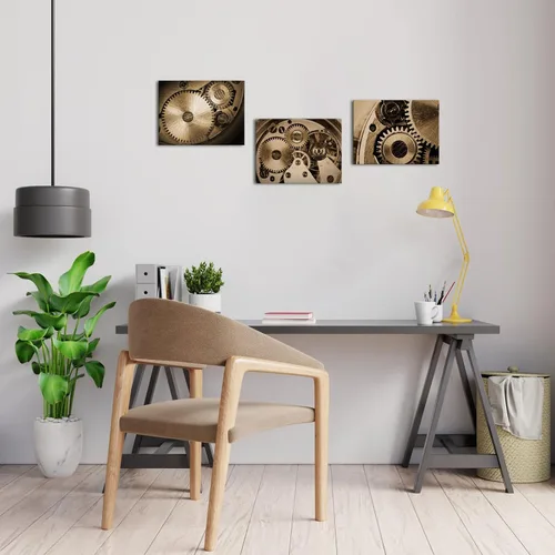 Vista 5 de LyerArtork 3 piezas de arte de pared con motores industriales steampunk, impresiones en lienzo con ruedas de engranajes retro sepia, obras de arte