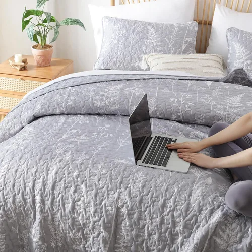 Vista 8 de JANZAA Juego de colcha tamaño Queen de 3 piezas con patrón floral, de microfibra ligera, ropa de cama reversible, 1 colcha y 2 fundas de almohada