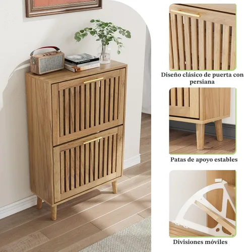 Vista 5 de Gabinete de almacenamiento de zapatos con 2 cajones abatibles con persianas, gabinete de almacenamiento de zapatos estrecho para entrada, gabinete