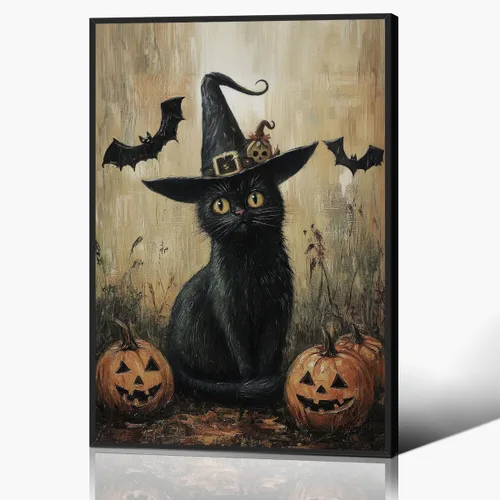 Vista 18 de Póster de fantasma y gato negro en la bañera, arte de pared en lienzo de Halloween de Whimsigoth, pintura de fantasmas y flores, imagen espeluznante