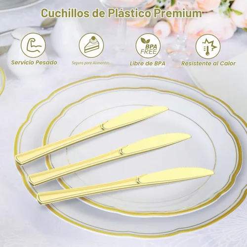 Vista 3 de Dealusy 100 unidades de cuchillos de plástico dorados resistentes desechables, libres de BPA, resistentes al calor, cuchillos desechables