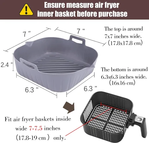 Vista 2 de Golden Associate Forros cuadrados de silicona para freidora de aire de 6.5 a 7.5 pulgadas, 2 piezas antiadherentes de grado alimenticio, canasta