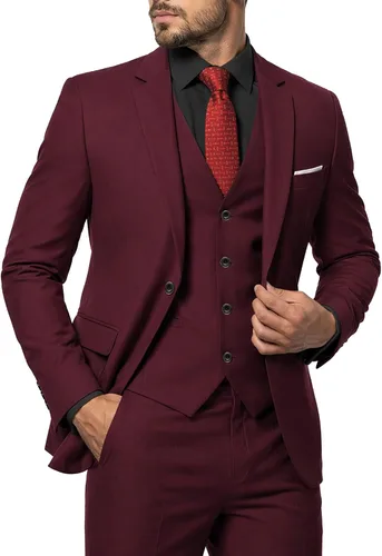 Vista 23 de MY'S Conjunto de traje de 3 piezas para hombre con corbata, chaqueta ajustada de un botón, chaleco y pantalones, blazer para fiestas, bodas, bailes