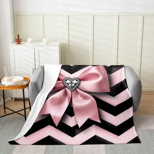 Vista 2 de Erosebridal Manta de franela con nudo de lazo para niñas, 40 x 50 pulgadas, diseño de rayas de diamante, para sofá cama y cama de vellón para niños