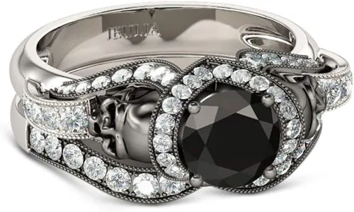 Vista 2 de Jeulia Juego de anillos de boda de diamantes negros para mujeres y hombres, plata de ley 925, anillos de torsión de calavera de pesadilla antes