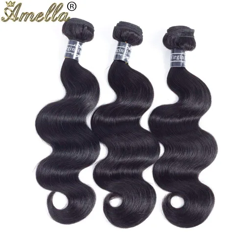 Vista 3 de Amella 3 paquetes de 3 mechones de cabello virgen brasileño ondulado (8, 10, 12 pulgadas), negro natural) 8A, 100% sin procesar, cabello humano