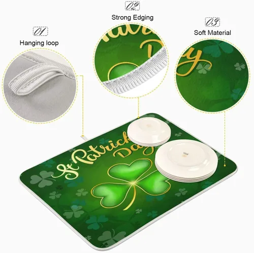 Vista 4 de Tapete de secado de platos de trébol verde de 16 x 18 pulgadas para cocina, trébol de la suerte, día de San Patricio, tapete escurridor de platos