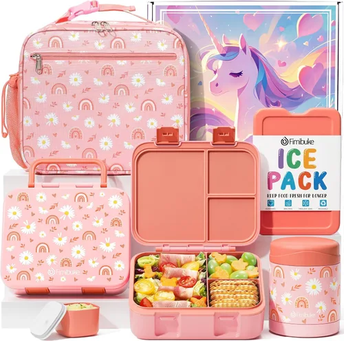 Vista 14 de Fimibuke Lonchera Bento de 32 onzas para niños con termo de 12 onzas, bolsa de almuerzo aislada y bolsa de hielo, contenedor de comida de 3