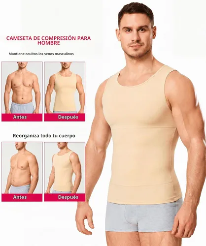 Vista 3 de Gotoly Camiseta de compresión para hombre, chaleco moldeador de cuerpo Beige