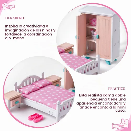 Vista 3 de BABESIDE Juego de muebles de dormitorio de casa de muñecas, 7 piezas de accesorios de casa de muñecas de madera rosa para muñecas de 3 pulgadas