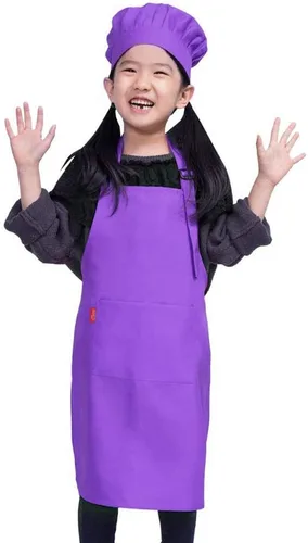 Vista 9 de Juego de delantal y gorro de chef para niños, delantal ajustable con babero para niños con 2 bolsillos. Lindo delantal de cocina para niños y niñas
