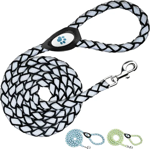 Vista 7 de SafetyPUP XD Correa reflectante para perro. Resistente y duradera para razas grandes y medianas. Cuerda de 6 pies de largo, correa trenzada sin Negro