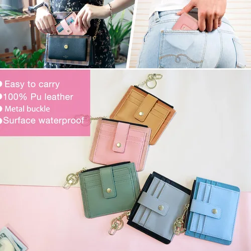 Vista 7 de Deziliao Funda delgada para tarjetas de crédito con bloqueo Rfid para mujer, cartera con cremallera, cartera pequeña y compacta de cuero