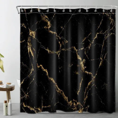 Vista 11 de Cortina de ducha de mármol negro y dorado, con citas divertidas Fuck It Get Naked de arte abstracto de mármol para baño, 60 x 72 pulgadas, tela