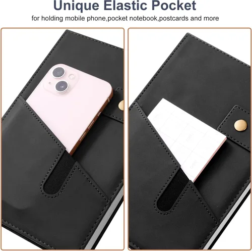 Vista 2 de Cuaderno de cuero A5 con bolígrafo, 200 páginas de tapa dura con bolsillo, diario de papel forrado grueso de 3.53 oz/m² para hombres y mujeres, gran