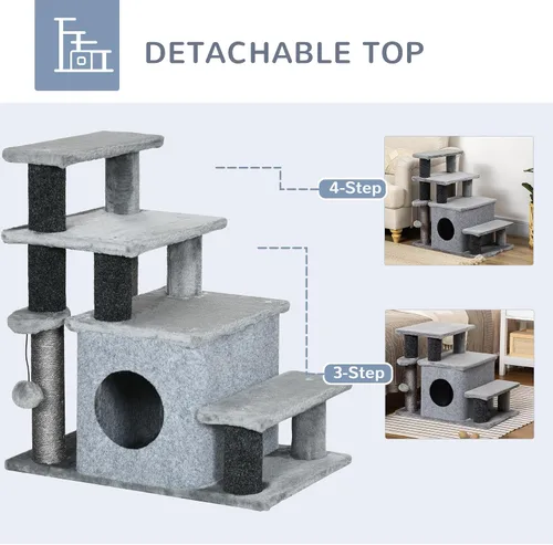 Vista 3 de PawHut Escaleras para mascotas con poste rascador de sisal para gatos Escalones para gatos de altura ajustable de 3/4, condominio, pelota de juguete