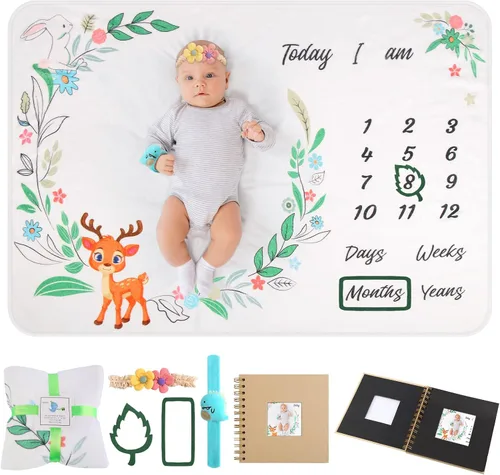 Vista 10 de Manta mensual de hitos para bebé, 51 x 40 pulgadas, manta de regalo para baby shower, manta de felpa suave para niños y niñas, mantas unisex
