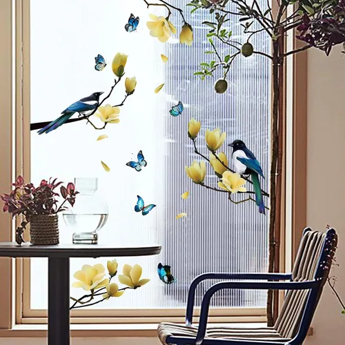 Vista 2 de Adhesivos estáticos para ventana, diseño de flores de primavera, pájaros y mariposas, reutilizables, para bricolaje, ramas de árboles, doble cara