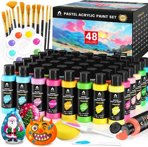 Vista 10 de Juego de pintura acrílica iridiscente de 40 piezas con 12 pinceles, 2 cuchillos y paleta, 24 colores (2 onzas/60 ml) - para adultos, artistas