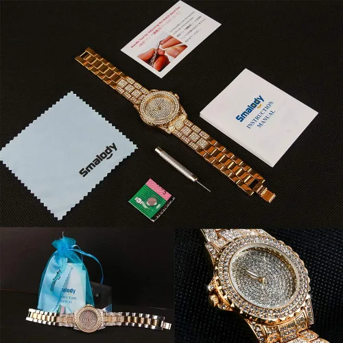 Vista 8 de Smalody Round Luxury Women Watch Crystal Rhinestone Diamond Watches Stainless Steel Wristwatch Iced Out Watch with Japan Quartz Movement for Women