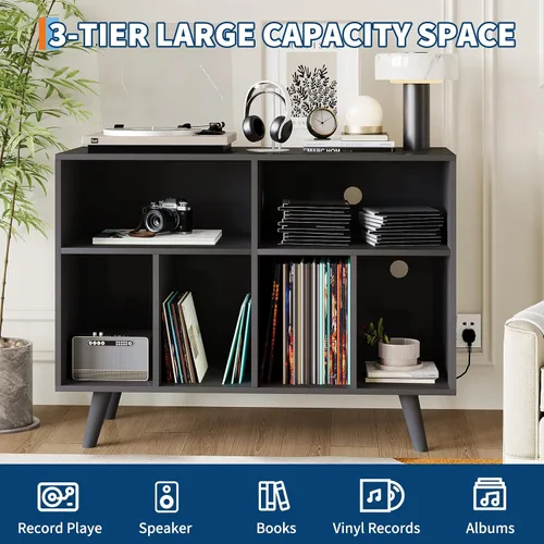 Vista 6 de IDEALHOUSE Soporte para tocadiscos con almacenamiento de vinilo, 39.5 pulgadas, soporte grande para tocadiscos de vinilo de madera, soporte