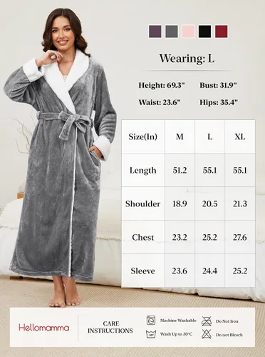 Vista 7 de Hellomamma Bata de baño larga para mujer, de felpa suave, de forro polar, camisón para mujer, pijama, ropa de dormir
