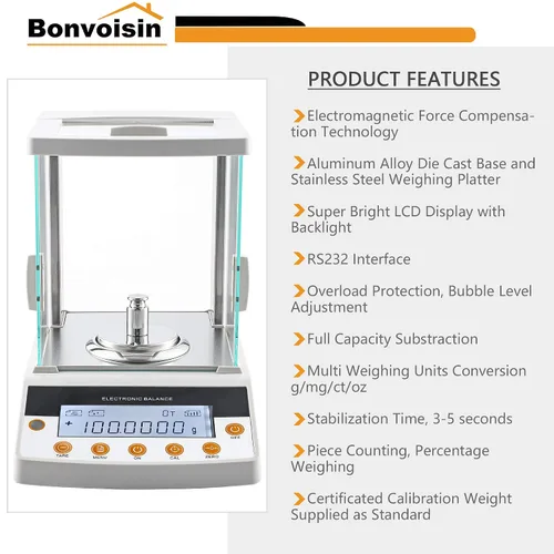 Vista 3 de Balanza analítica digital Bonvoisin de 0,1 mg de alta precisión, balanza electrónica certificada CE, 0.00 oz, báscula de laboratorio científico