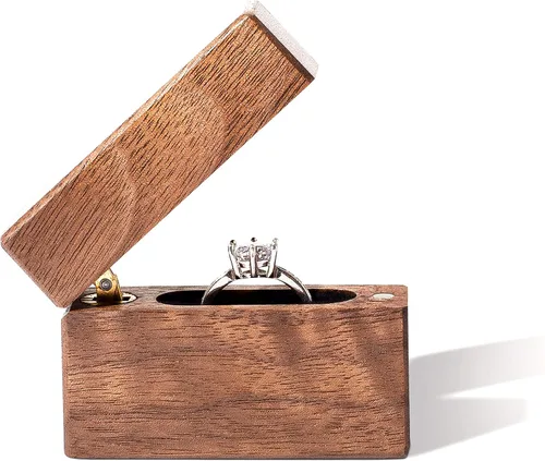 Vista 2 de Wislist Caja de anillos de compromiso de madera pequeña y delgada para propuestas boda madera de nogal