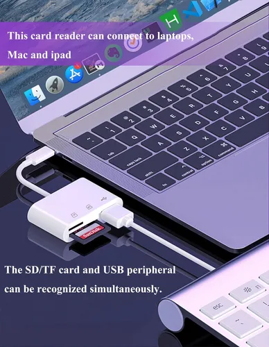 Vista 5 de Lector de tarjetas SD USB C para iPhone 17/16/15, Android, adaptador de cámara digital 3 en 1 iPhone, adaptador de tarjeta SD para más dispositivos