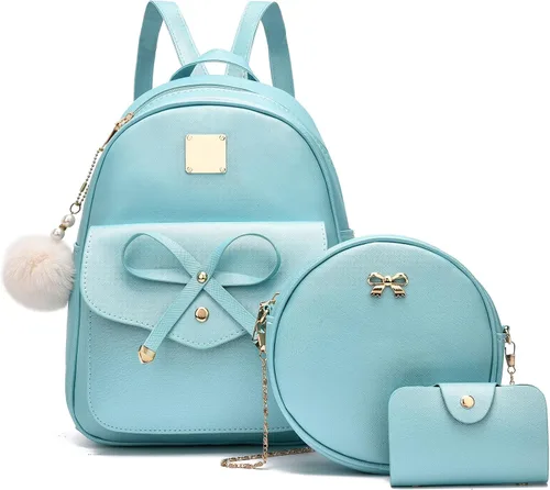 Vista 27 de I IHAYNER Mochila de cuero de moda de 3 piezas con lazo para niñas, mochila, bolso para mujer, mochila para damas, bolsa de hombro Beige