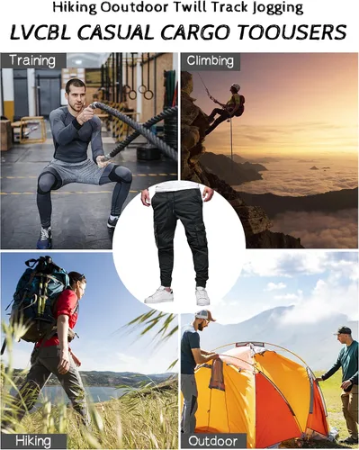 Vista 5 de LVCBL Pantalones cargo de algodón para hombre con cordón en la cintura, pantalones cargo ajustados