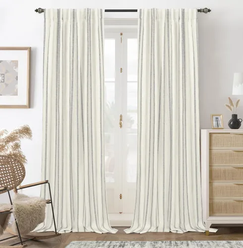 Vista 54 de DriftAway Cortinas opacas de mezcla de lino de granja de 90 pulgadas de largo para dormitorio, cortinas de lino con estampado de rayas verticales