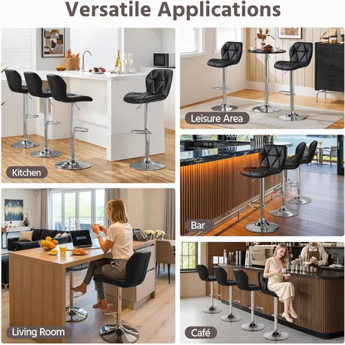 Vista 9 de Yaheetech Juego de 2 taburetes de bar, modernas sillas ajustables para isla de cocina, taburetes giratorios de piel sintética negra para bar, Negro