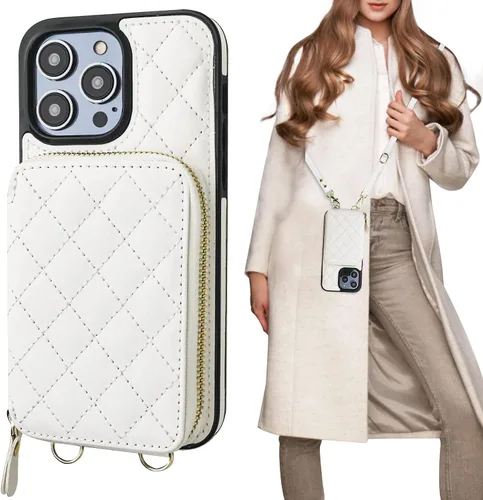 Vista 16 de Bocasal Funda tipo cartera cruzada para iPhone 14 Pro Max, con bloqueo RFID, de piel sintética, con cremallera, funda tipo cartera con función atril