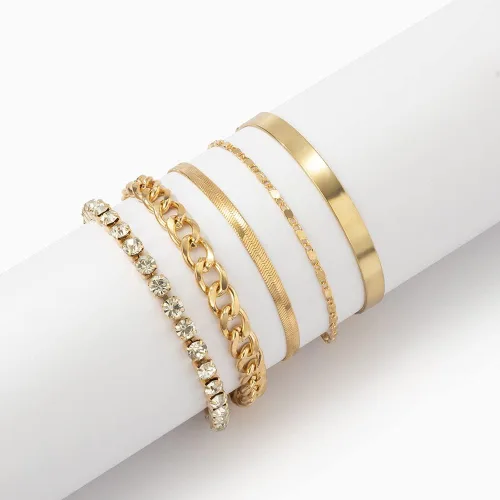 Vista 5 de fxmimior Juego de 5 pulseras apilables de cadena dorada y plata con diamantes de imitación para mujer, con cuentas ajustables, cadena de cable plano